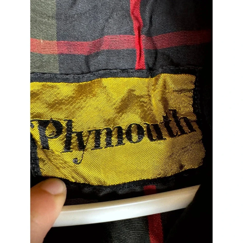 Vintage‎ Plymouth Trench Coat Mens Black Plaid Lined Notch Lapel Single Breasted